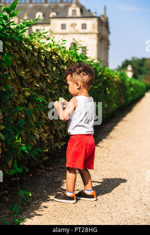 Po' afro-americano o latino-american boy in pantaloncini rossi in piedi vicino a hedge outdoor Foto Stock