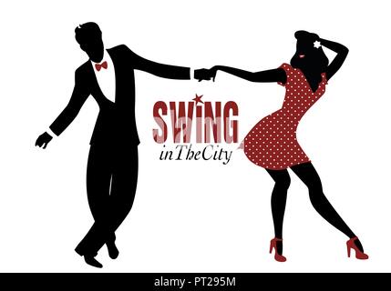 Coppia giovane silhouette ballare swing lindy hop o rock and roll Illustrazione Vettoriale