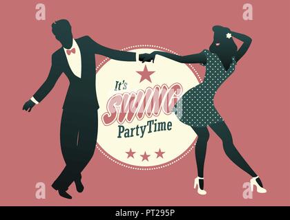 Coppia giovane silhouette ballare swing lindy hop o rock and roll Illustrazione Vettoriale