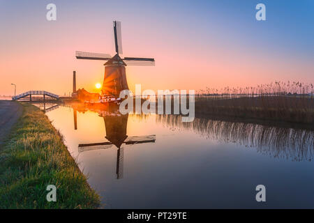 Il mulino a vento si riflette nel canale incorniciato da erba e cielo rosa all'alba, North Holland, Paesi Bassi Foto Stock