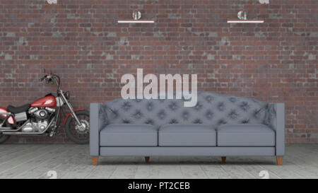 3D rendering, Grigio lettino nella parte anteriore del brickwall con moto in background Foto Stock