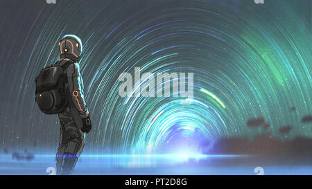 La fantascienza di scena l'astronauta in piedi nella parte anteriore del tunnel stellato ingresso, arte digitale stile, illustrazione pittura Foto Stock