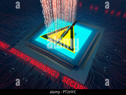 Rotture di microchip su scheda a circuito stampato con caratteri rossi 'Security Warning', segno di avvertimento e stilizzata del flusso di dati Foto Stock