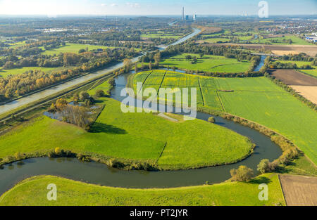 Fiume Lippe, Lippe meandro sul confine della città tra Werne e Hamm, Lippe golene, prati, riserva naturale, Bergkamen, zona della Ruhr, Nord Reno-Westfalia, Germania Foto Stock