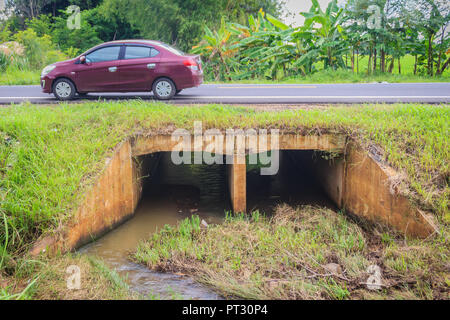 Cemento armato tombini scatolari sotto la strada asfaltata. Box canale sotterraneo è una struttura che consente il flusso di acqua sotto una strada, ferrovia, sentiero o simila Foto Stock