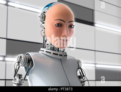 Robot femmina Android con faccia realistica, meccanica posteriore della testa e la parte superiore del corpo nella parte anteriore del laboratorio luminosa parete. Foto Stock