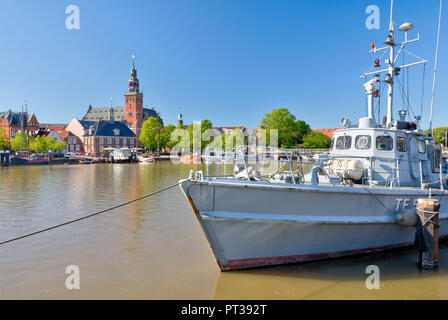 Fiume, Leda, Municipio, Torre Ristorante Nave, Leer, Frisia orientale, Bassa Sassonia, Germania, Europa Foto Stock
