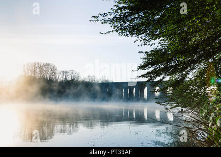 Sunrise e nebbia a serbatoio Obersee a Bielefeld Foto Stock