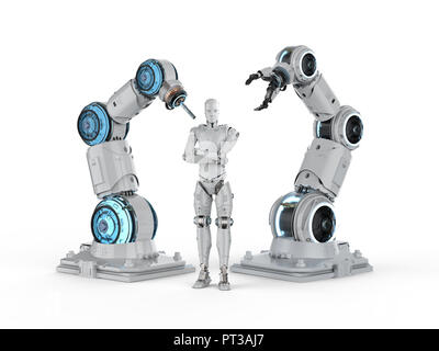 Automazione industriale concetto con 3D rendering bracci robot e cyborg Foto Stock
