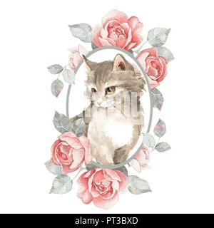 Cat. Carino gattino e rose. Illustrazione ad acquerello Foto Stock