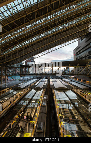 La Stazione di Osaka City. Angolo di alta vista sulle piattaforme e le vie con treni in attesa presso le piattaforme. La sera presto, piattaforme illuminato. Foto Stock