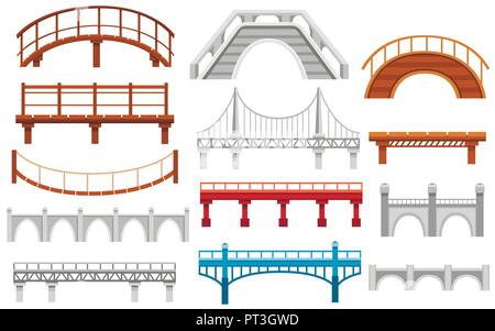 Raccolta di diversi ponti. Città Architettura icona piatta. Illustrazione di vettore isolato su sfondo bianco. Illustrazione Vettoriale