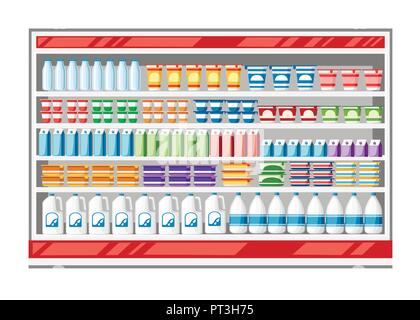 Vetrina frigo per il raffreddamento di prodotti lattiero-caseari. Diverse bottiglie colorate e le caselle in frigo. Supermercato scaffale di raffreddamento per il latte, yogurt, panna acida. Fla Illustrazione Vettoriale