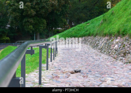 Ringhiere metalliche sono situati lungo la strada asfaltata Foto Stock