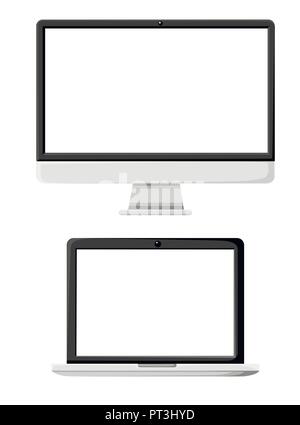 Monoblocco piatta illustrazione e laptop. AiO PC. Display LCD. Illustrazione di vettore isolato su sfondo bianco. Illustrazione Vettoriale