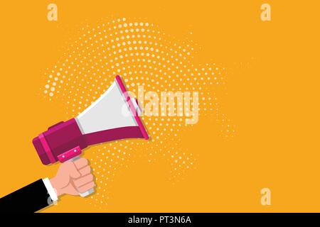 Design piatto illustrazione di vettore vuoto modello esp copia testo per annuncio, promozione, poster, volantini, banner web, l'articolo. Maschio a mano umana tenendo la presa di un Illustrazione Vettoriale