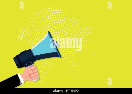 Design piatto business illustrazione vettoriale nozione di copiare del testo per esp banner per il Web di materiale promozionale mock up modello. Maschio a mano umana tenendo la presa Illustrazione Vettoriale