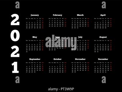 Calendario di 2021 anno con la settimana a partire da lunedì, foglio A4 su nero Illustrazione Vettoriale