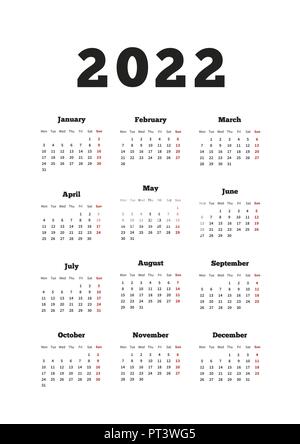 Il calendario del 2022 anno con la settimana a partire da lunedì, formato A4 foglio verticale su bianco Illustrazione Vettoriale