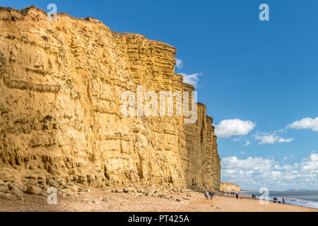 I visitatori di West Bay nel Dorset godere di un bel pomeriggio di sole su Jurassic Coast. Foto Stock