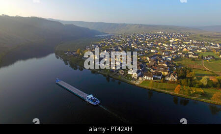 Vista di Piesport sulla Mosella, Renania-Palatinato, Germania, vista aerea Foto Stock