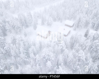 Vista aerea di capanne nella coperta di neve la foresta, Levi, Kittila, Lapponia, Finlandia Foto Stock