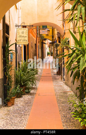 Vicolo nel centro storico di Cervo, provincia di Imperia, Liguria, Italia, Europa Foto Stock