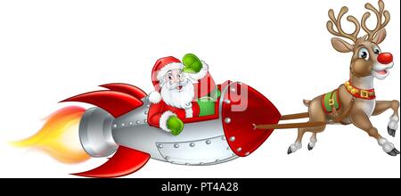Santa Rocket Sleigh Cartoon di Natale Illustrazione Vettoriale