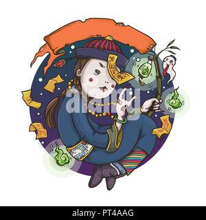 Illustrazione Vettoriale di cinese Jiangshi Hopping Vampire Ghost Holding Bandiera Arancione e anima lanterna per Halloween su sfondo bianco, Cartoon carino C Illustrazione Vettoriale