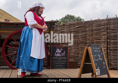 Attrice femminile in costume storico & curly wig (riproduzione di Mad Alice) dando live talk & performance sul palco da parte del carro - York, nello Yorkshire, Inghilterra, Regno Unito. Foto Stock