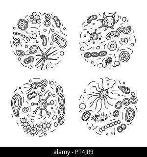 Round schizzo composizioni di cellule di batteri. Microrganismo collezioni pagine da colorare. Vettore stile doodle composizione. Illustrazione Vettoriale
