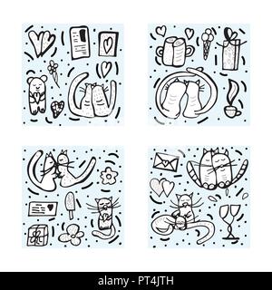 Set di composizioni di quadrati di disegnato a mano amore carino simboli e gatti. Illustrazione Vettoriale. Illustrazione Vettoriale