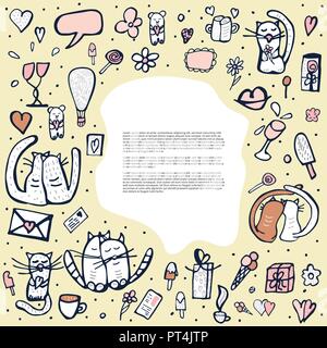 Doodle telaio con amore carino simboli. Gatti e il giorno di san valentino gli oggetti sullo sfondo. Illustrazione Vettoriale. Illustrazione Vettoriale