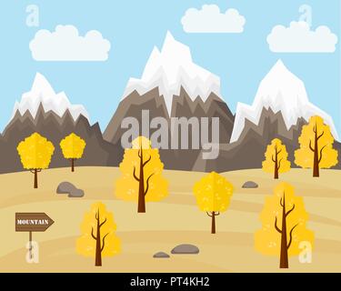 Paesaggio autunnale in uno stile piatto Illustartion. Montagne e alberi di giallo. Montagna paesaggio autunnale Illustrazione Vettoriale