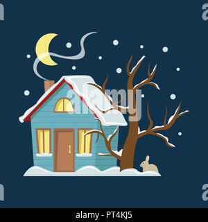 In inverno il paesaggio di montagna dello sfondo. Appartamento illustrazione vettoriale con country house nella notte. Stagione di natale. Illustrazione Vettoriale
