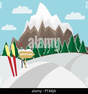 In inverno il paesaggio di montagna witn sfondo sci nella neve. Appartamento illustrazione vettoriale. Illustrazione Vettoriale