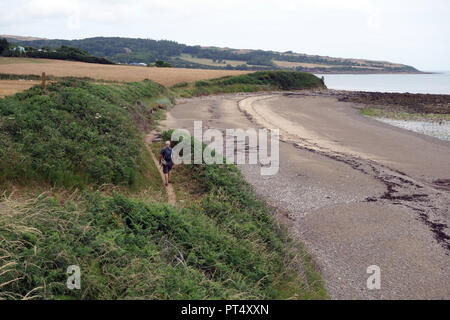 Lone uomo a camminare su un sentiero da una spiaggia di ciottoli vicino alla foce a Traeth Dulas sull'Isola di Anglesey sentiero costiero, Wales, Regno Unito. Foto Stock