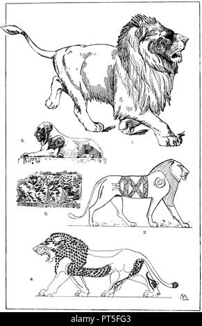 1. Rappresentazione naturalistica di un leone a piedi. (Monaco di Baviera picture foglio). 2° Leone egiziano. Bassorilievo con contorni incassata. Dal tempio di Dachel. (Raguenet). 3° Leone egiziano. Originale sulla scalinata del Campidoglio a Roma. (Raguenet). 4. Lion assira. Composto originale di forma rettangolare, smaltate piastrelle in argilla. Dal Palazzo Reale a Khorsabad. Vi secolo A.C. (Raguenet). 5. Capi di sacrificati i Lions. Parte di assiro bassorilievo nel British Museum a Londra. ML 1918 Foto Stock