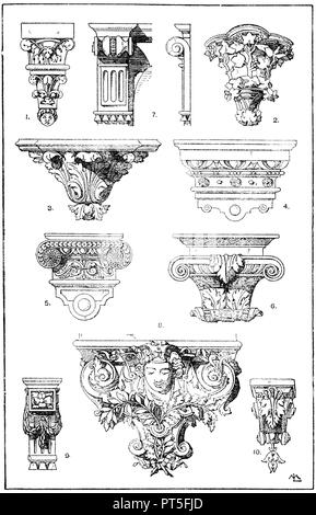 Console: 1. Console di stile romanico. Cattedrale di Noyon del XII secolo (Raguenet). 2. Console di stile gotico. Da St. Pierre sotto Vezelay (business hall). Console 3a. Rinascimento francese. Dal castello di Blois. Iv v console. Renaisance tedesco. Dal nuovo castello di Baden-Baden. (Gmelin). 6. console. Rinascimento tedesco. Dal Castello di Heidelberg. 7. Triglyphs console. Il francese tardo Rinascimento. 8. Console francese dalla libreria del Louvre. Architetto Lefuel. (Raguenet). Xix secolo. 9. Console francese. (Raguenet). Xix secolo.10. Console francese. Nuovo Casinò a Lione. Architetto Porte. (Raguenet). Xix Foto Stock