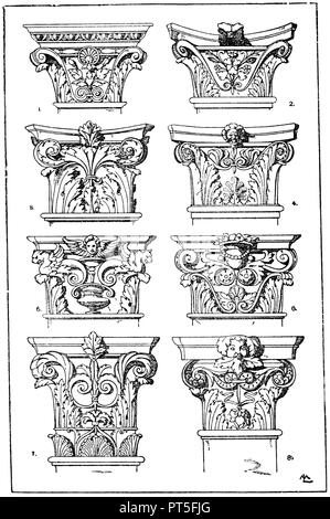 Pilastro capitali: 1. Paraste corinzie Capitol. Ital. Renaissance. Cortile in Scala dei Giganti a Venezia. (Wiener Bauhütte). 2a paraste corinzie Capitol. Ital. Renaissance. Sta. Maria dei Miracoli a Venezia. 3 paraste corinzie Capitol. Ital. Renaissance. Dalla Certosa vicino a Firenze. 4. Paraste corinzie Capitol. Ital. Renaissance. Scuola di San Marco a Venezia, da Pietro Lornbardo. Quinto sesto paraste corinzie capitelli. Ital. Renaissance. Cappella di Palazzo Vecchio a Firenze. Scolpita in legno. (Ornamenti Pattern). 7. Paraste corinzie Capitol. Ital. Renaissance. 8. Foto Stock