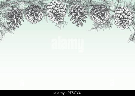 Sfondo Festivev modello con pattern seamless realistico inchiostro botanico schizzo di Abete rami con cono di pino nei colori bianco e nero isolato su bianco. Illustrazioni vettoriali Illustrazione Vettoriale