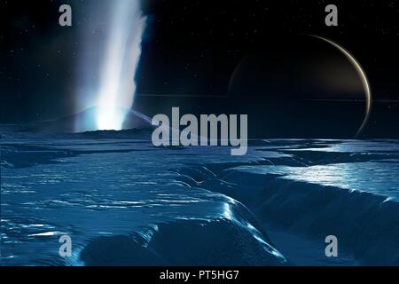 Pennacchi di acqua su Enceladus, illustrazione. Enceladus è una di medie dimensioni di satellite di Saturno, circa 500 km attraverso, noto sin dal 1789. È solo un decimo delle dimensioni del più grande Saturnian moon, Titan. Nel 2005, la sonda Cassini ha scoperto che questo relativamente piccolo mondo è sorprendentemente geologicamente attivo. Geyser-come getti di acqua sono stati visti da sfiato la luna di sud-superficie polare CIEM, scaricata da un processo chiamato cryovolcanism ("vulcanismo a freddo"). Un altro satellite, Mimas è visto sull'anello di Saturno piano. Foto Stock