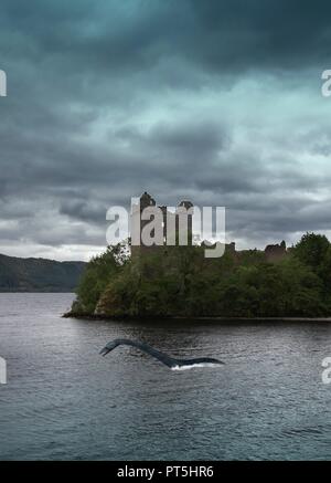 Mostro di Loch Ness in acqua, illustrazione. Foto Stock