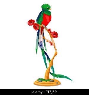 Bellissimo uccello del paradiso seduti su un pesce persico in legno con fiori isolati su sfondo bianco. Vector cartoon close-up illustrazione. Illustrazione Vettoriale