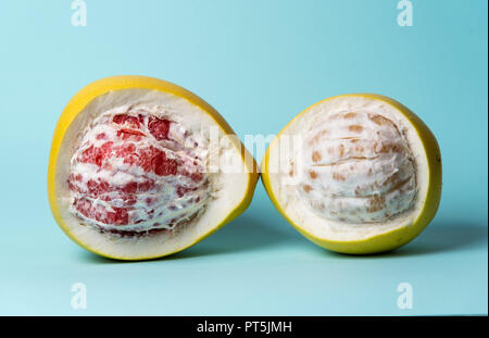 Aprire Pomelo frutta fresca su sfondo blu Foto Stock