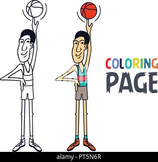 Pagina di colorazione con il giocatore di basket cartoon Illustrazione Vettoriale