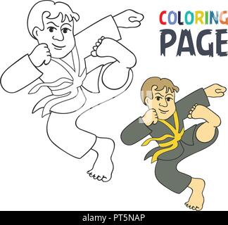 Pagina di colorazione con il karate arte marziale player cartoon Illustrazione Vettoriale