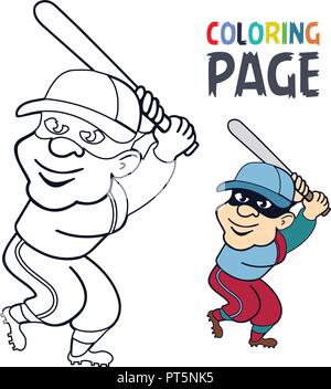 Pagina di colorazione con il giocatore di baseball cartoon Illustrazione Vettoriale