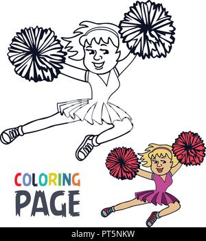 Pagina di colorazione con la donna cheerleader cartoon Illustrazione Vettoriale