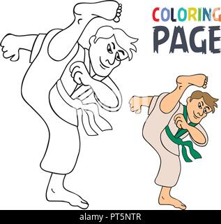 Pagina di colorazione con il karate arte marziale player cartoon Illustrazione Vettoriale